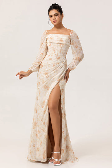 Jaune Floral Corset Fourreau Longue Robe de Demoiselle D’honneur À Manches Longues